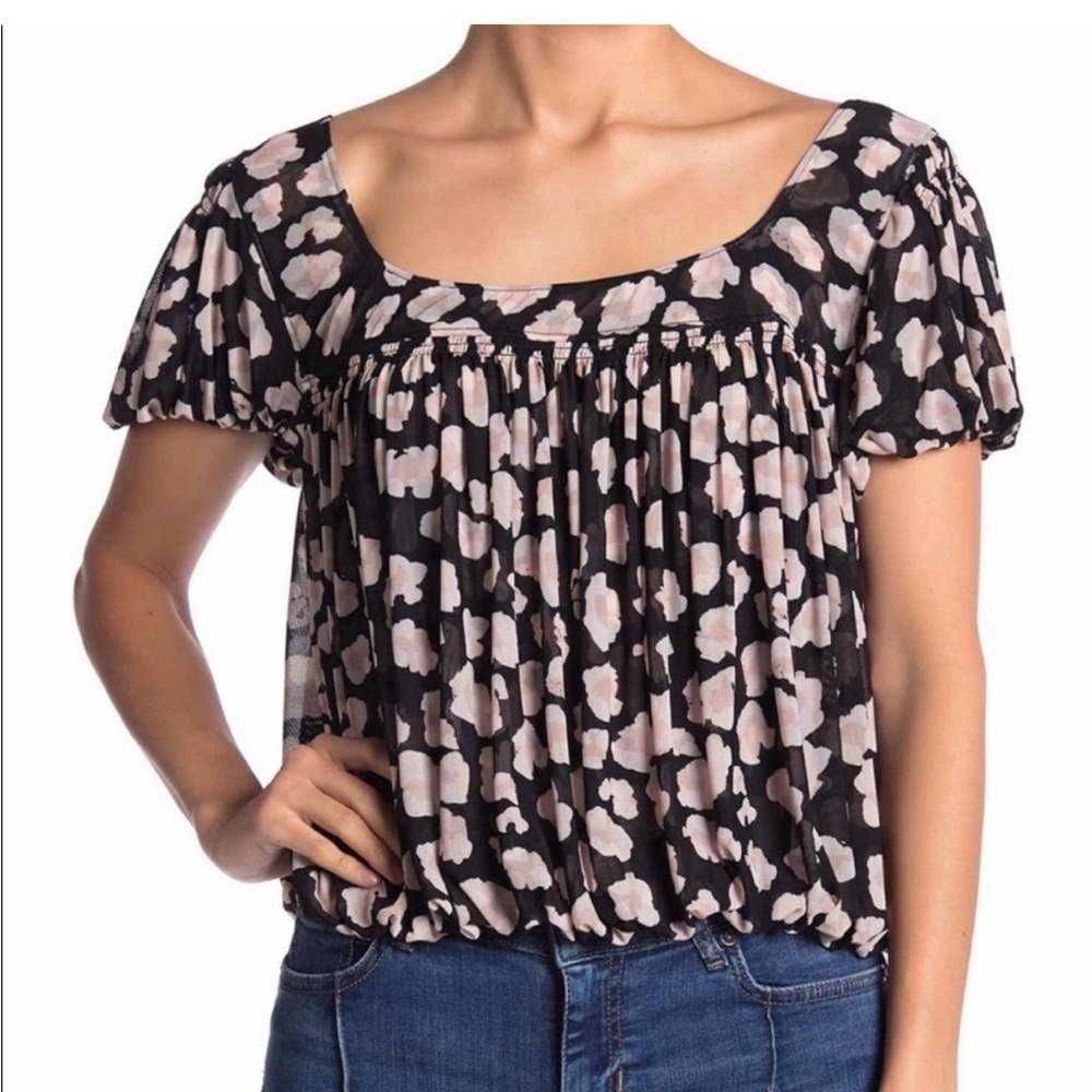 Free People Black Blush Floral Short Sleeve Scoop Top